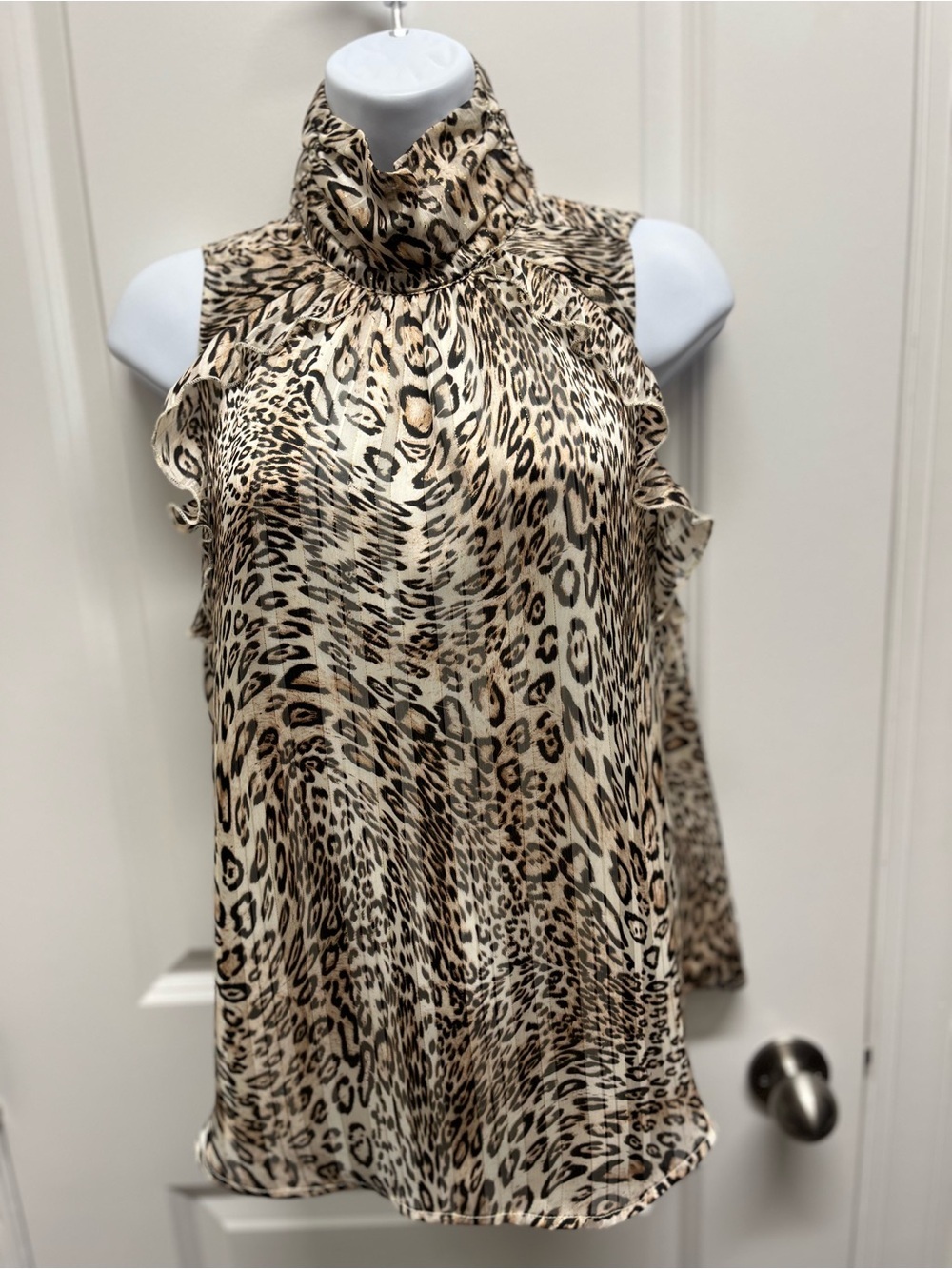 Leopard Print High Neck Sleeveless Blouse Ruffle Accent Metallic Lurex Top